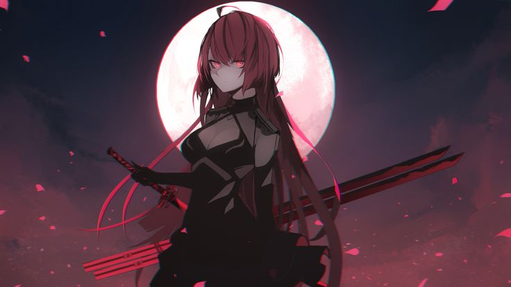 an anime character holding two swords in front of a full moon with pink and red splots