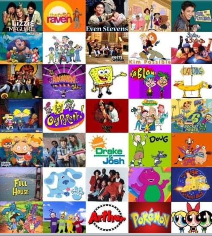 many cartoon characters are shown in this collage with different colors and font on them