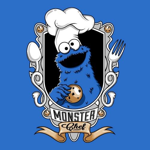 a cartoon character holding a cookie in front of a blue background with the words monster chef