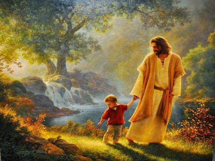 a painting of jesus holding the hand of a little boy in front of a river