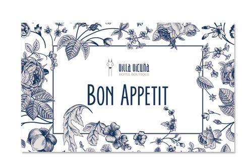 the label for bon appetit is shown in blue and white florals, with leaves