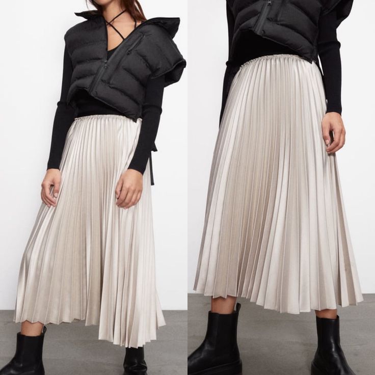 Zara Pleated Skirt Please Specify If You Want Ice Gray Or Brown When Purchasing. Elegant Gray Flowy Skirt, Winter Beige Pleated Skirt, Winter Pleated Flowy Skirt, Beige Winter Midi Skirt, Gray Flowy Maxi Skirt, Gray Pleated Skirt For Fall, Winter Pleated Stretch Skirt, Casual Pleated Maxi Skirt For Winter, Gray Pleated Bottoms For Fall