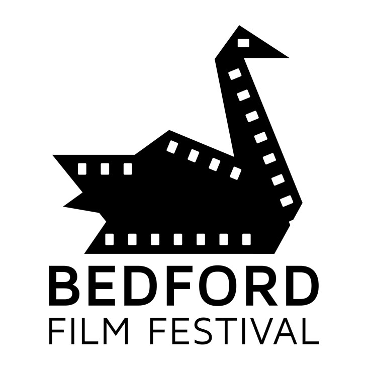 the bedford film festival logo is black and white with an arrow pointing to it