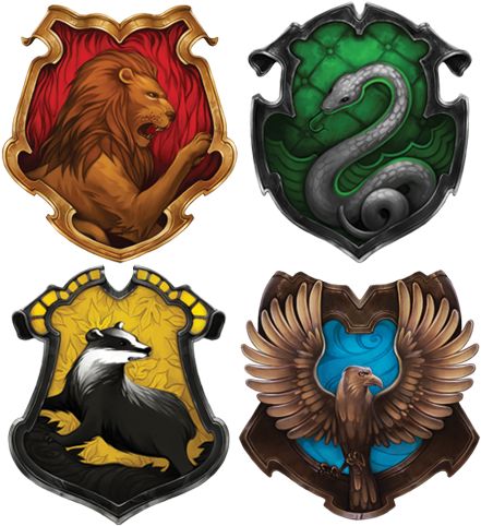 four different colored shields with animals and snakes on them, all in the shape of shields