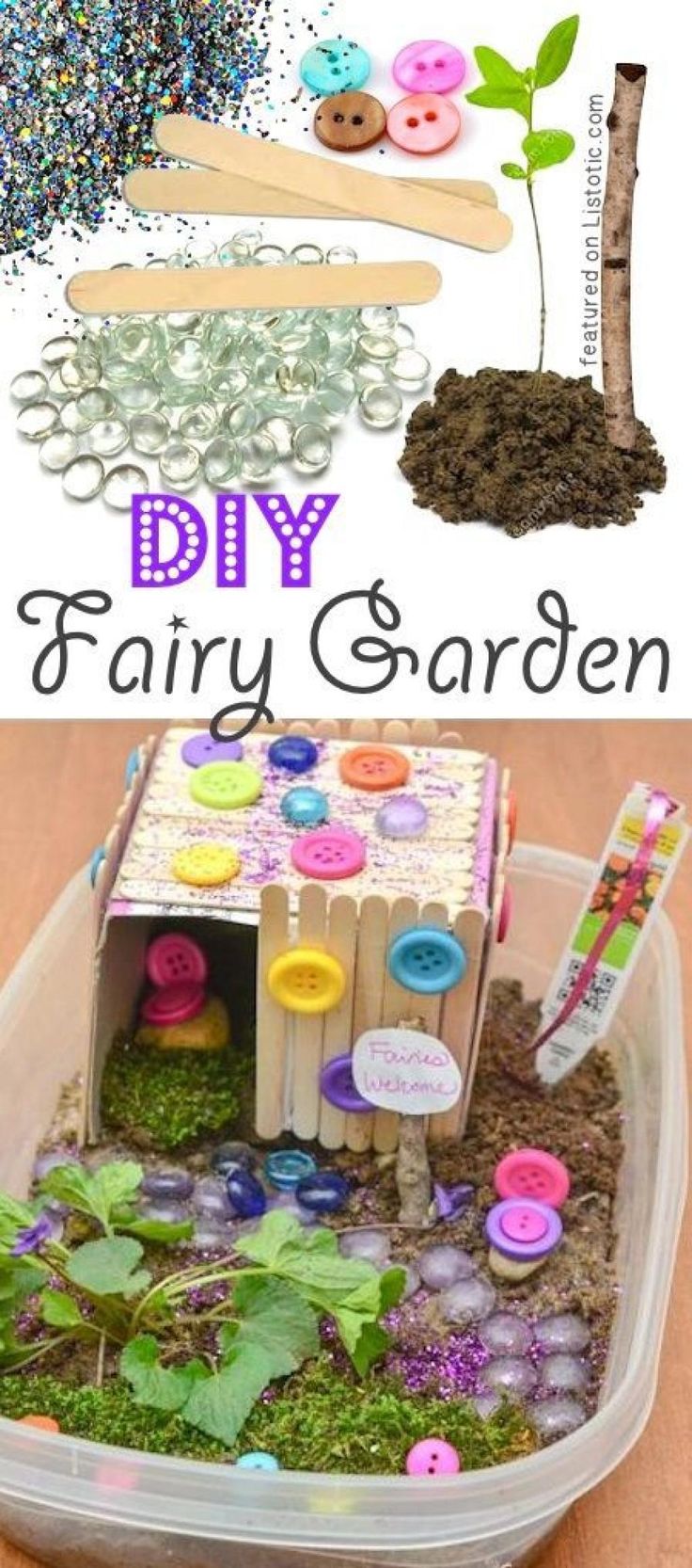 an easy diy fairy garden for kids to make with materials such as sticks, buttons and beads