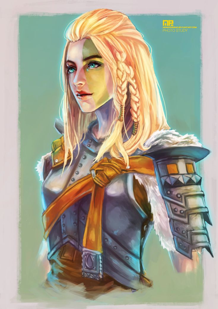 a drawing of a woman with blonde hair wearing armor and braids, looking to the side