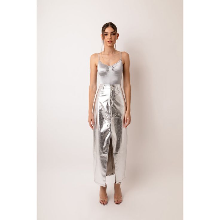 Lupe Silver Metallic Maxi Skirt | AMY LYNN | Wolf & Badger Modern Long Party Skirt, Modern Metallic Bottoms For Party, Modern Metallic Party Bottoms, Modern Midi Skirt For Party, Modern Midi Party Skirt, Modern Party Midi Skirt, Patent Leather Skirt, Beyonce Concert Outfit, Leather Maxi Skirt