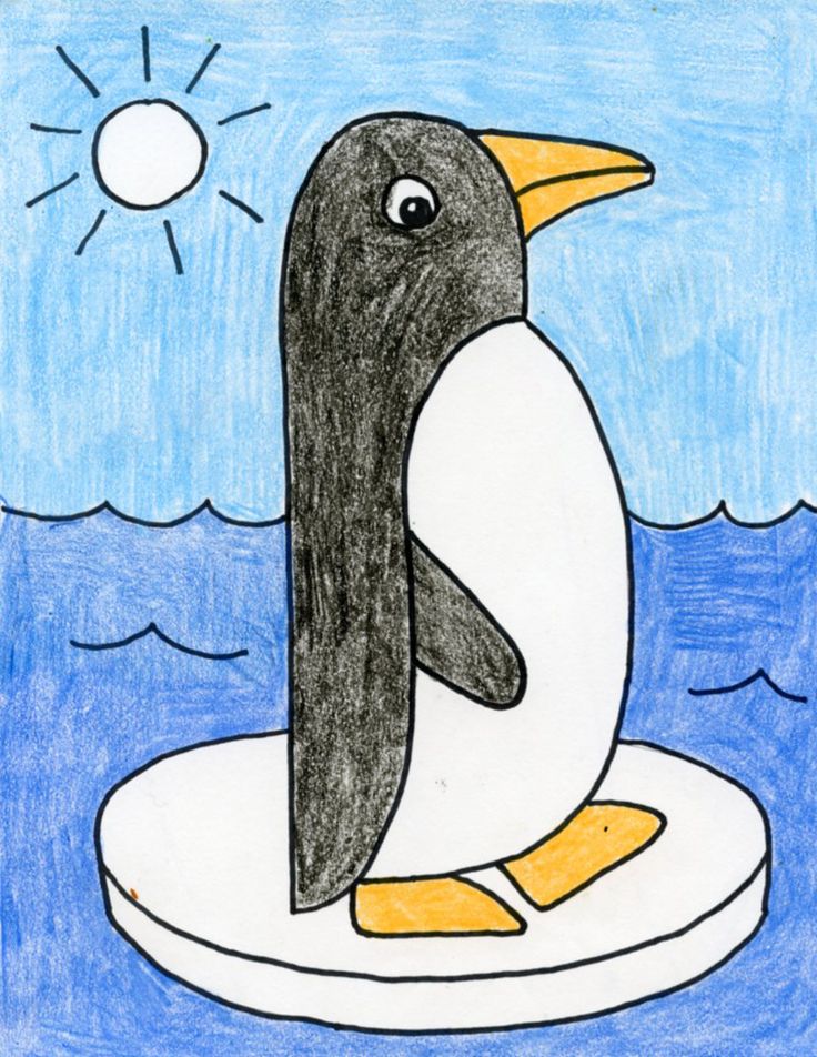 a drawing of a penguin sitting on an ice floet with the sun in the background