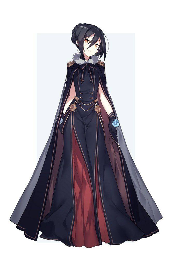 an anime character with long black hair wearing a red and black dress, standing in front of