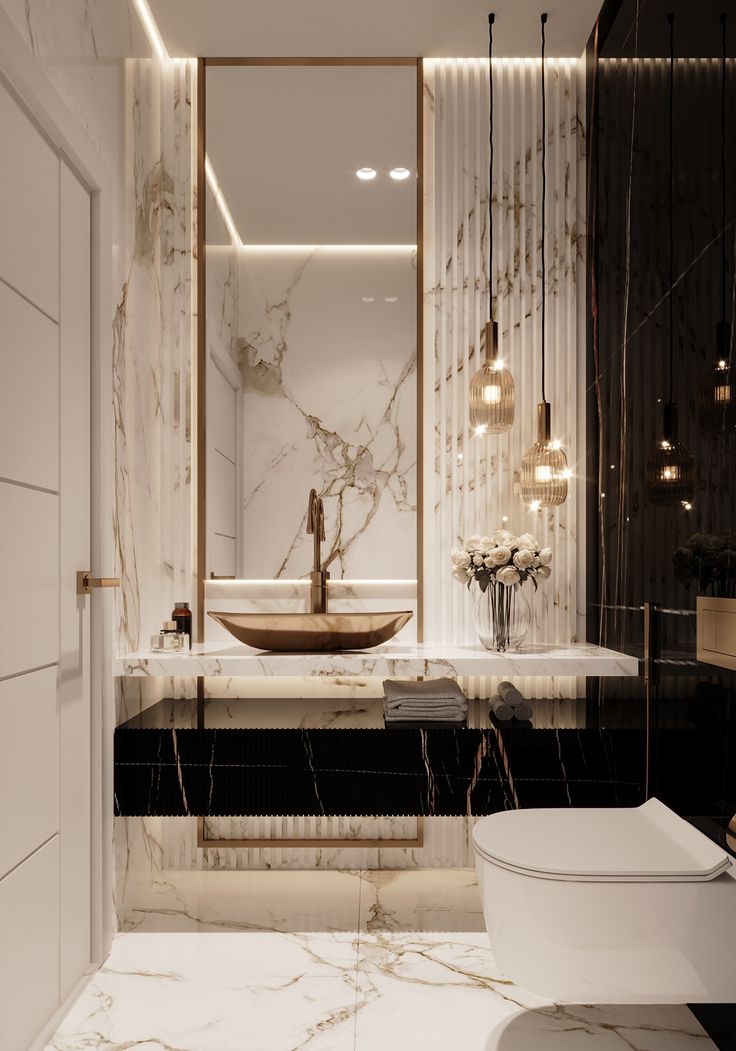 a bathroom with marble walls and flooring