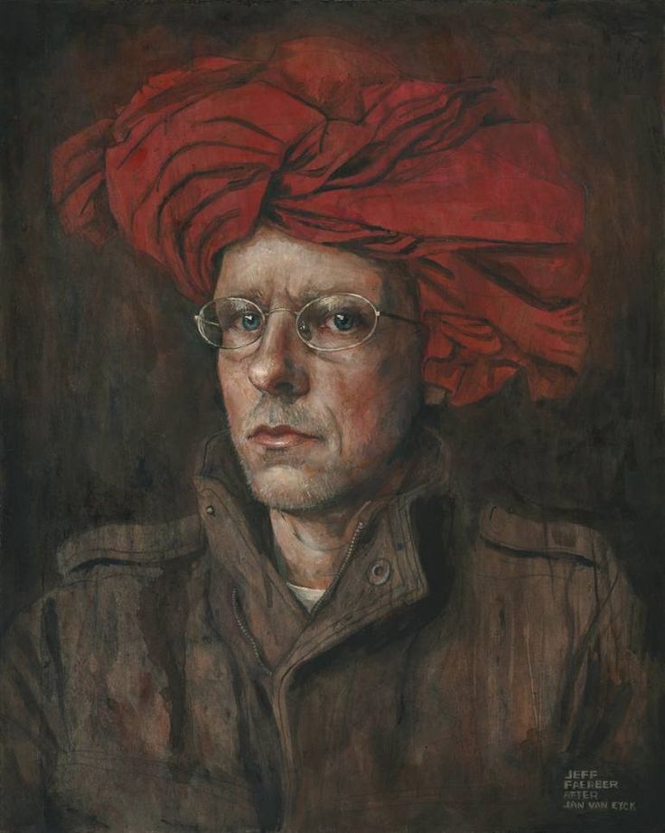 a painting of a man with glasses and a red turban on his head