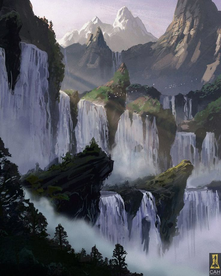 an artistic painting of waterfalls and mountains