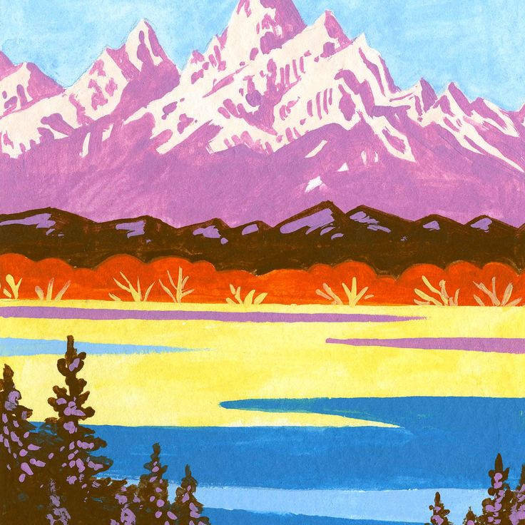 Grand Teton National Park art detail with mountains, Snake River, trees, and trails; trendy illustration by Angela Staehling Gift Illustration, National Park Art, National Park Gifts, National Park Posters, Park Art, Art Colorful, Bathroom Art, Art Framed, Travel Prints