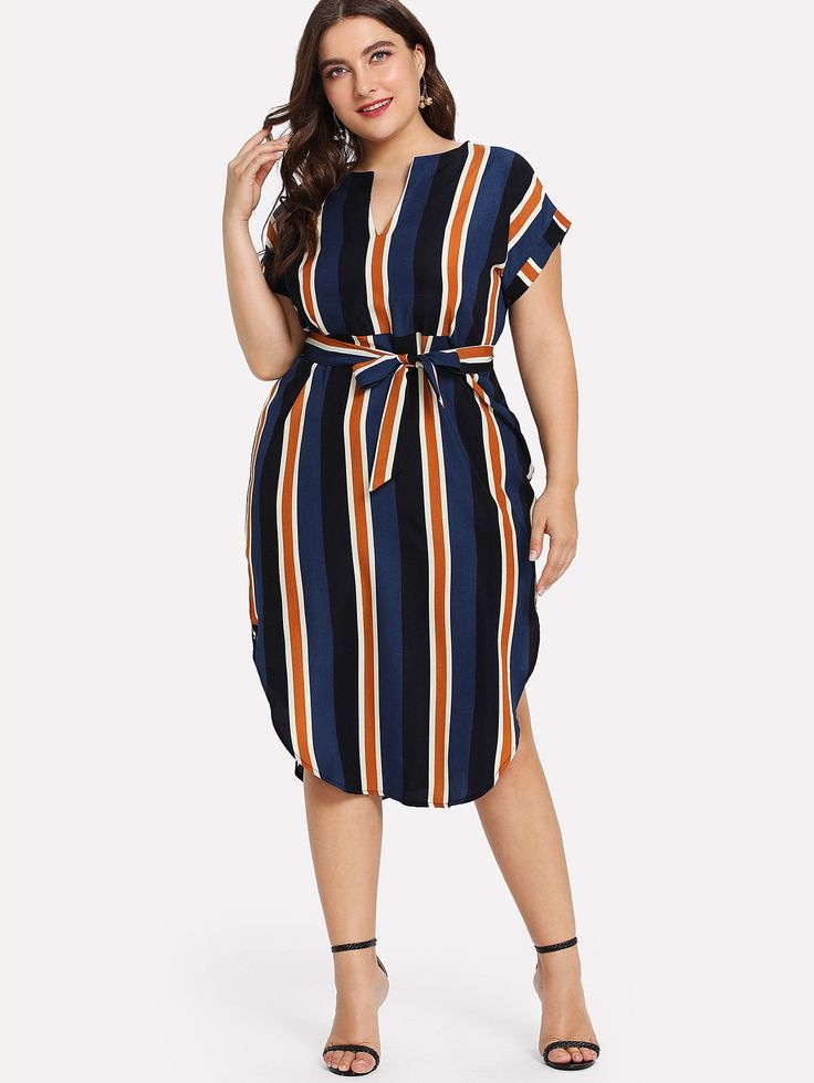 Curved Hem Tie Waist Striped Dress -SheIn(Sheinside) Women's A Line Dresses, Korean Dress, Quality Dresses, Moda Plus, Stripe Dress, Curve Dresses, Summer Fashion Outfits, Plus Dresses, Knee Length Dresses