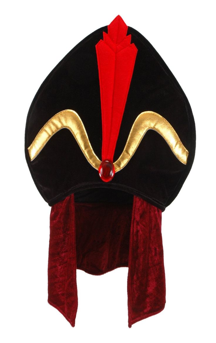 a black and red hat with gold accents