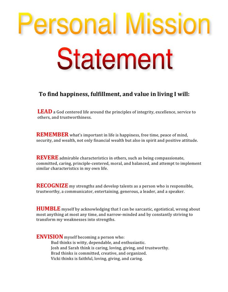 the personal mission statement is shown in red and yellow