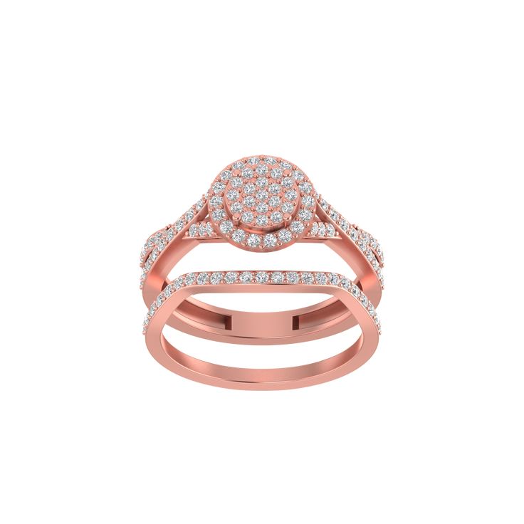 Stunning Entwined Elegance twin engagement ring boasts 14k gold and 96 diamond pcs, with a total diamond weight of 0.69. Its unique design showcases twin round cuts for a truly elegant and timeless piece. Make a statement with this gorgeous ring. Rose Gold Round Cut Diamond Ring With Pave Setting, Rose Gold Diamond Ring With Pave Setting, Rose Gold Diamond Rings With Pave Setting, Diamond Bridal Sets With Halo Design, Cluster Rose Gold Cubic Zirconia Ring, Dazzling Rose Gold Diamond Cluster Ring, Dazzling Rose Gold Diamond Ring With Halo Design, Rose Gold Diamond Ring With Halo Design, Rose Gold Rings With Pave Setting For Anniversary