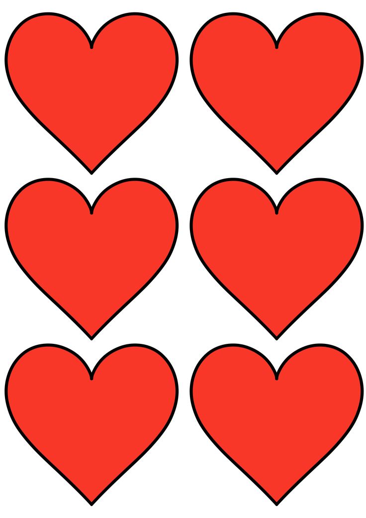 six red hearts arranged in the shape of heart shapes on a white background, each with different