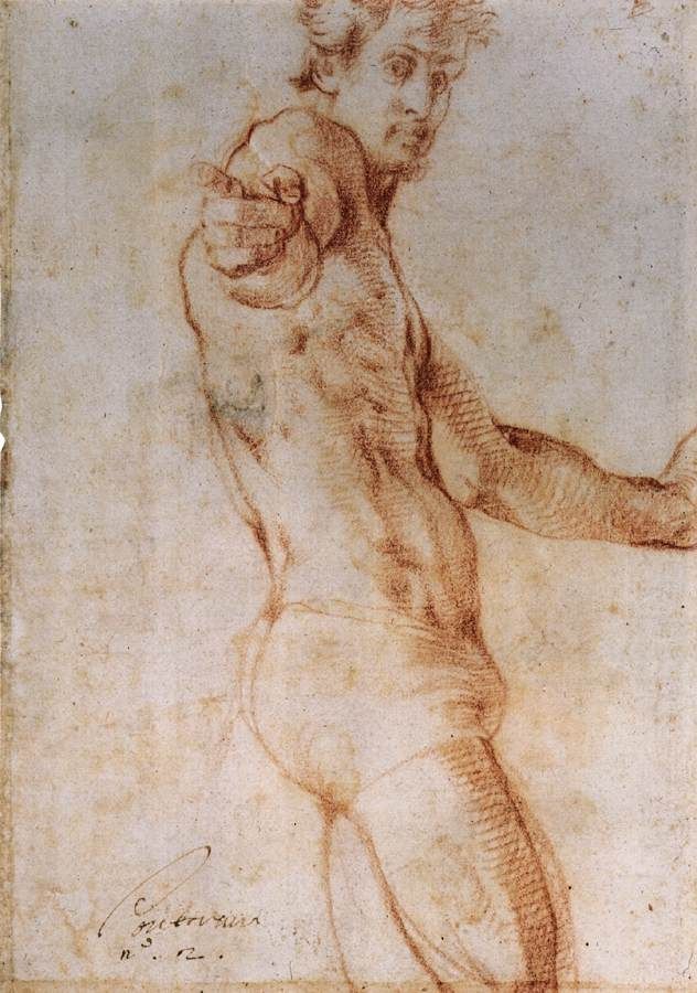 a drawing of a man with his arm raised in front of the viewer's head