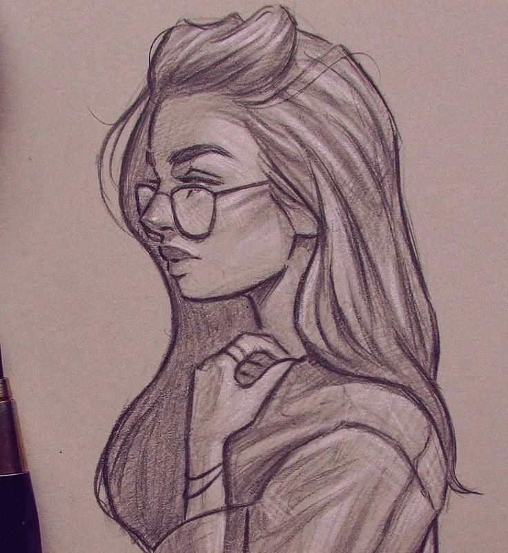 a pencil drawing of a woman with glasses