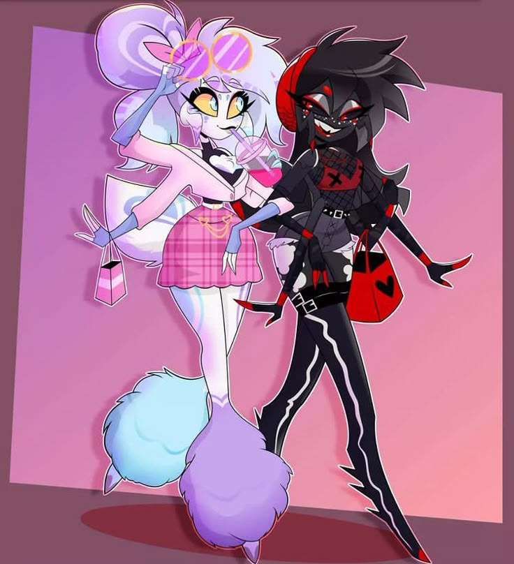 two cartoon characters standing next to each other in front of a pink background, one with black and white hair