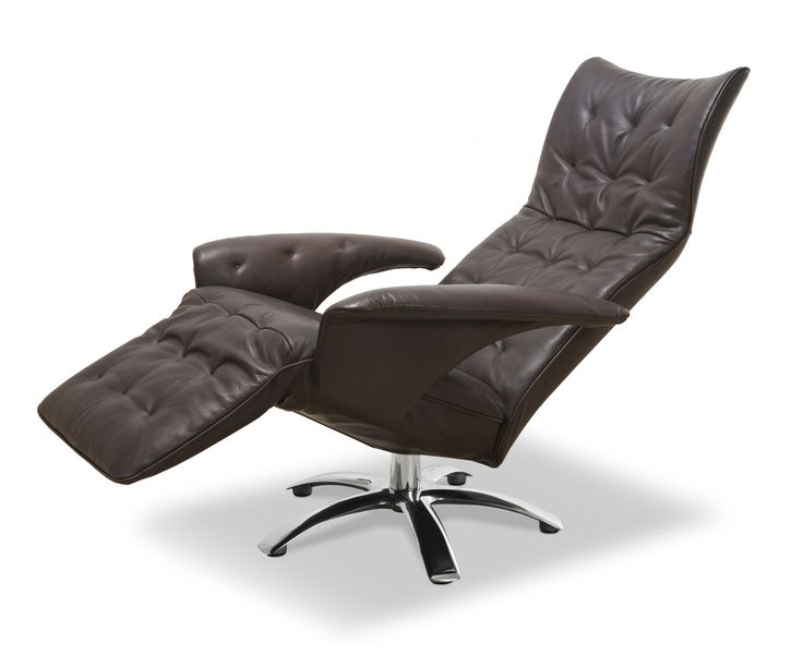 the reclining chair and ottoman is shown in brown leather