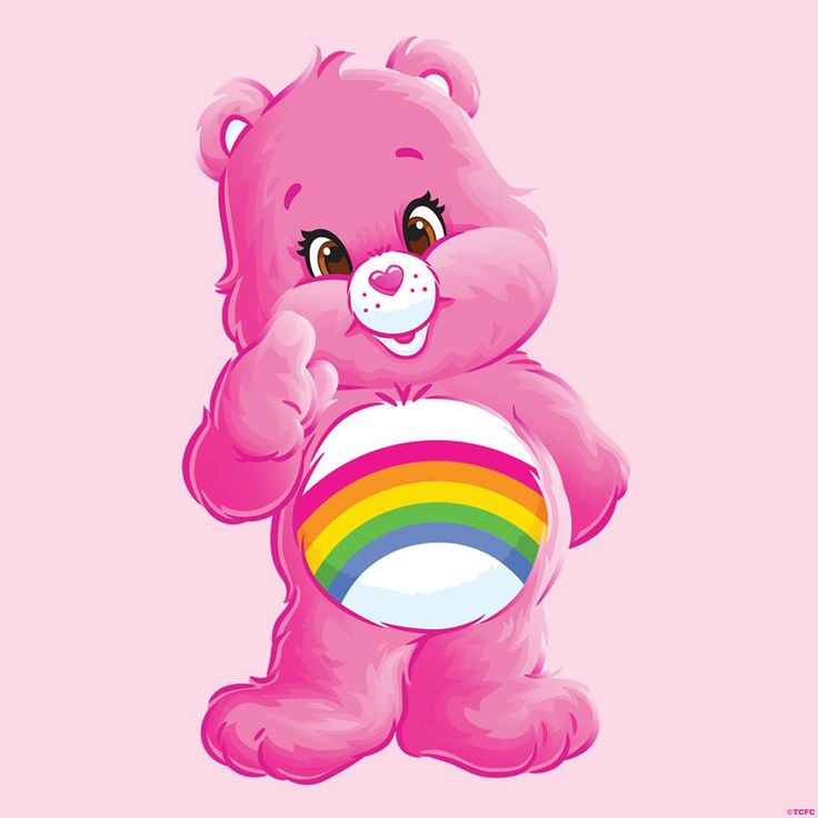 a pink teddy bear holding a rainbow ball in its paws and giving the thumbs up