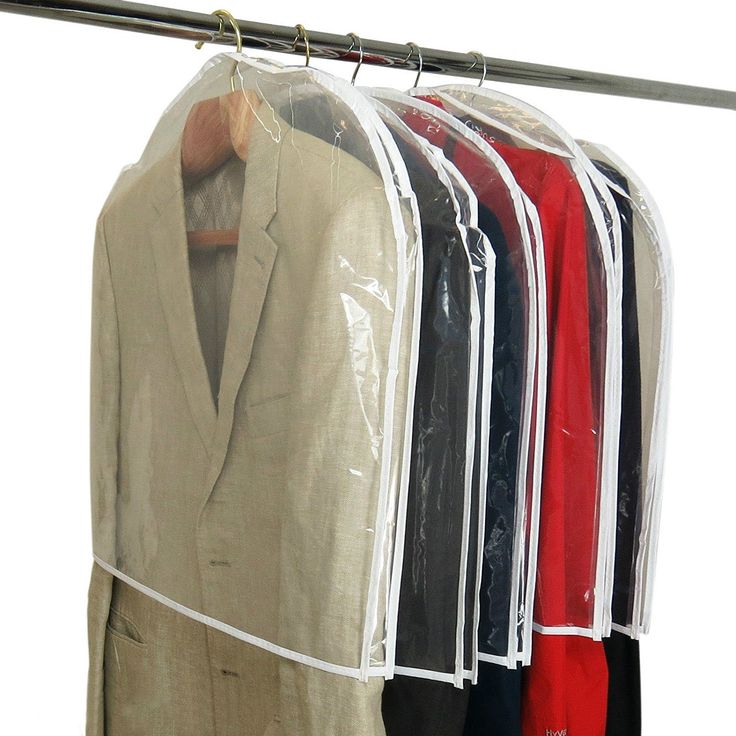 a suit hanging on a clothes rack with clear bags