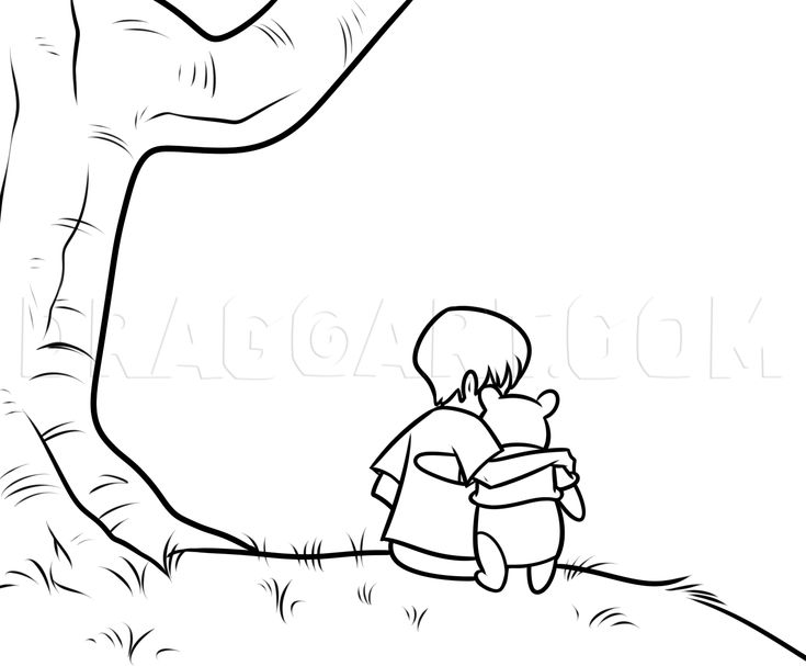 a black and white drawing of a boy sitting under a tree with his teddy bear