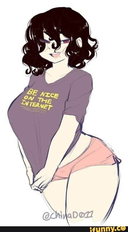 a drawing of a woman with black hair wearing a t - shirt that says be nice to the internet