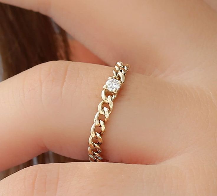 Our unique designs never go out of fashion. This 14k gold ring is one of a kind, featuring a stunning diamond in the middle of a Cuban link chain. If you like this stunning ring, check out our other Chain Rings in our Chain Link collection! - Handmade - Genuine Gold - Natural Diamond  - G Color, SI Quality Diamonds - Chain Size: 3 mm - Total Diamond Carat Weight: 0.08 ctw 🛠 Your Sarah Elise piece is handcrafted with care! Ready-to-ship items go out within 3 business days. Made-to-order pieces t Cuban Ring, Gold Cuban Chain, Memory Ring, Chain Ring Gold, Chain Rings, Solid Gold Bracelet, Solid Gold Chains, Ring With Diamond, Diamond Chain