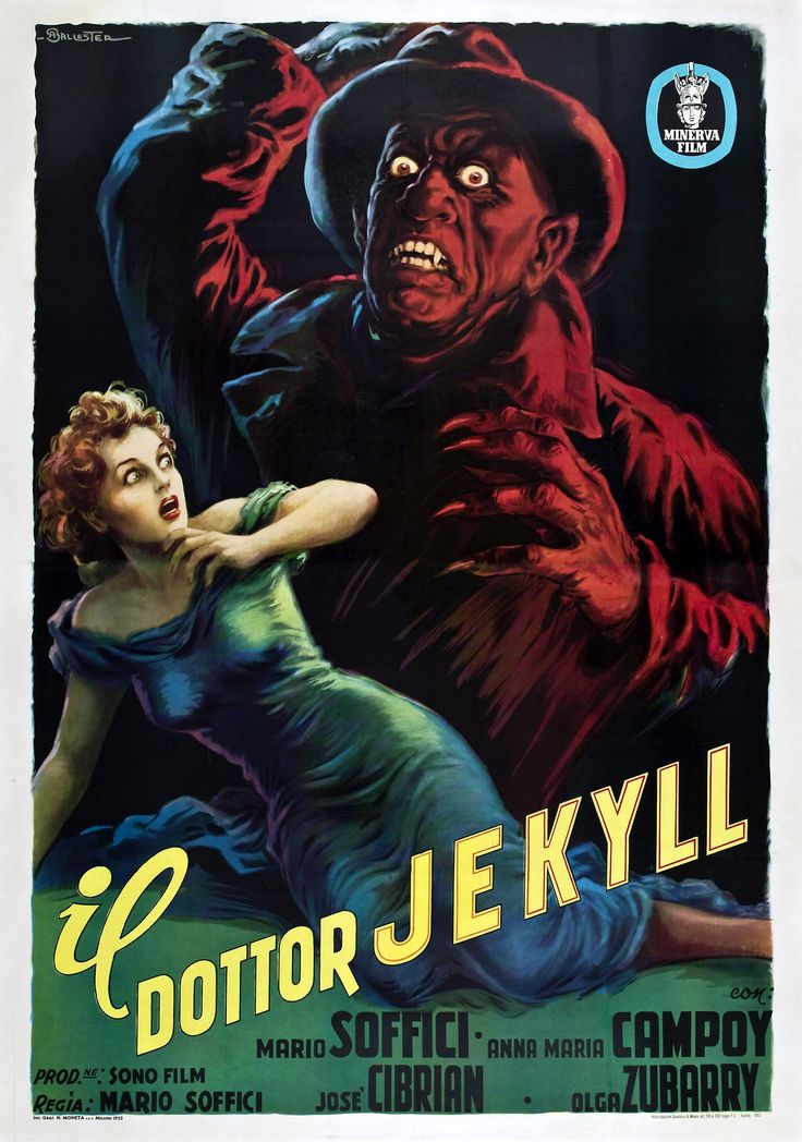 the poster for doctor jekyll is shown in red and green, with an image of