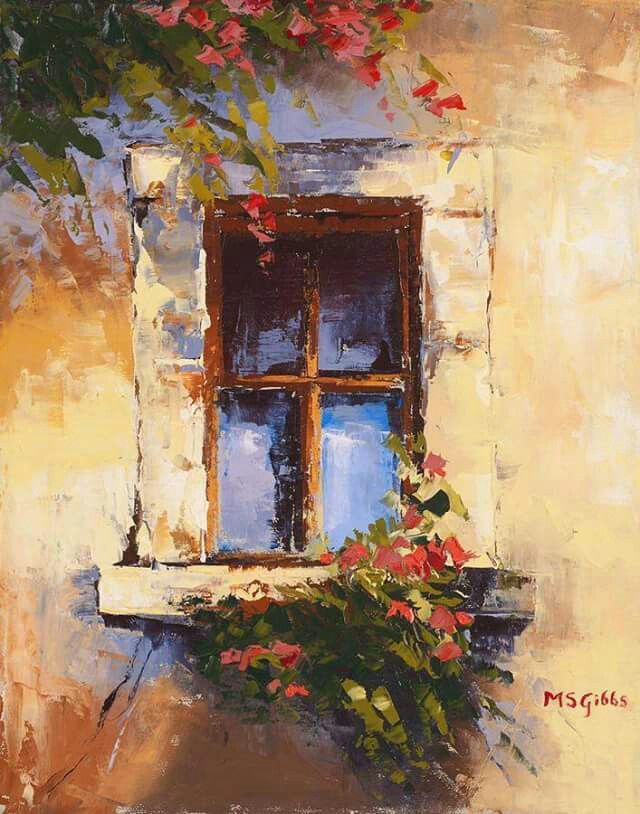 a painting of a window with red flowers on it and the words'60ml'written in large letters