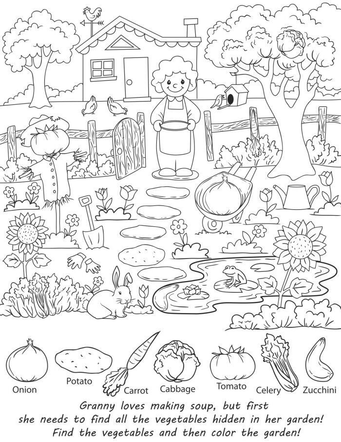 a coloring page with vegetables and fruits in the garden, including ...