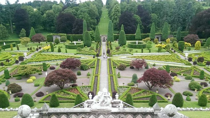 an elaborate garden with hedges and trees in the middle