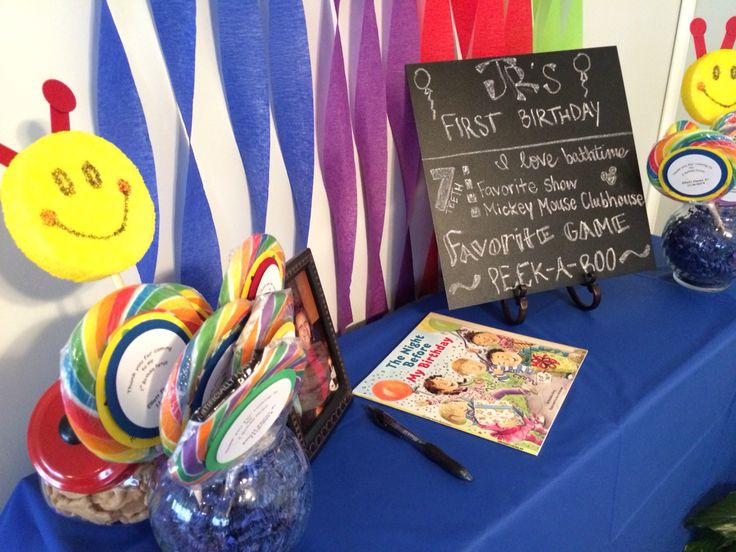 there is a sign that says first birthday next to candy and candies on the table