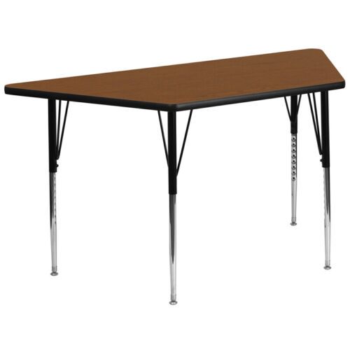 a rectangular shaped table with metal legs and a wooden top, viewed from the front