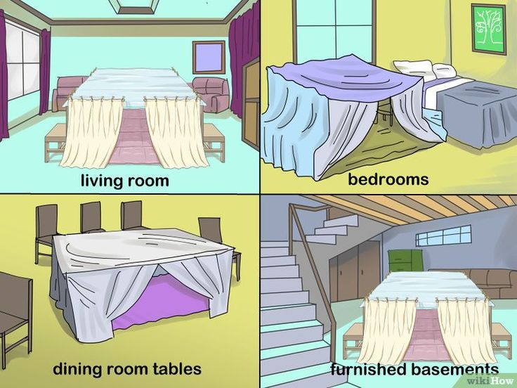 four different rooms with beds, tables and chairs labeled in the following pictures are shown