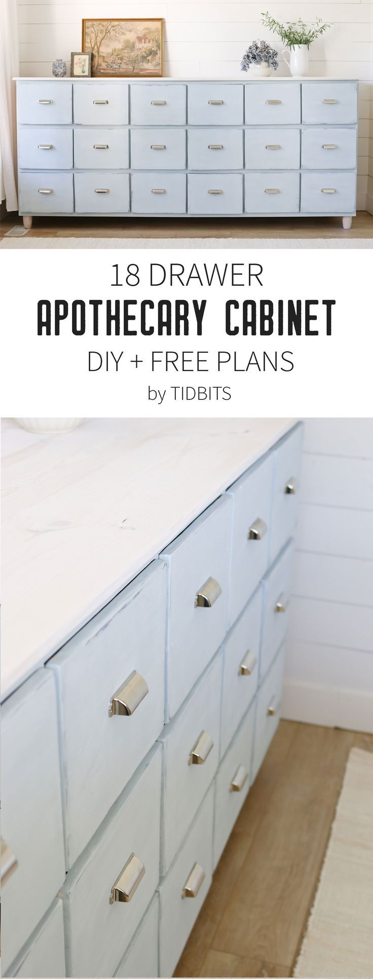 an old dresser is painted white and has brass hardware on the drawers to make it look like