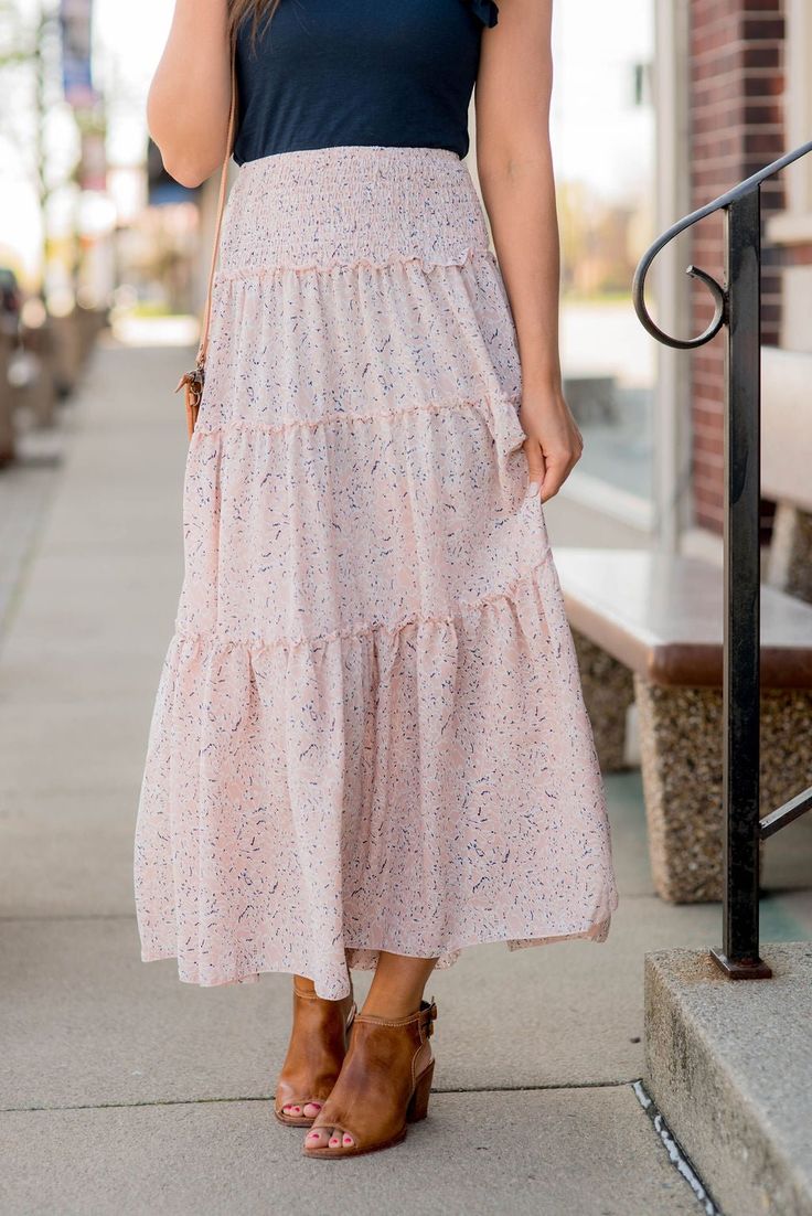 We cannot get over how stylish this skirt is! The fun print and tiered style fit makes such a cute, elegant look! Wear this skirt to any event and you are sure to receive compliments! We love tucking a blouse into this for a more elevated look or a basic or graphic tee for a casual feel! Floral Print Skirt Outfit, Print Skirt Outfit, Soft Summer Palette, Skirt Inspiration, Midi Skirt Pattern, Basic Long Sleeve Tee, Modesty Outfits, Tiered Midi Skirt, Cute Skirt Outfits