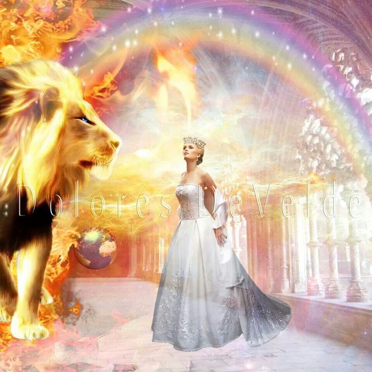 a woman standing next to a lion in front of a rainbow filled sky with stars