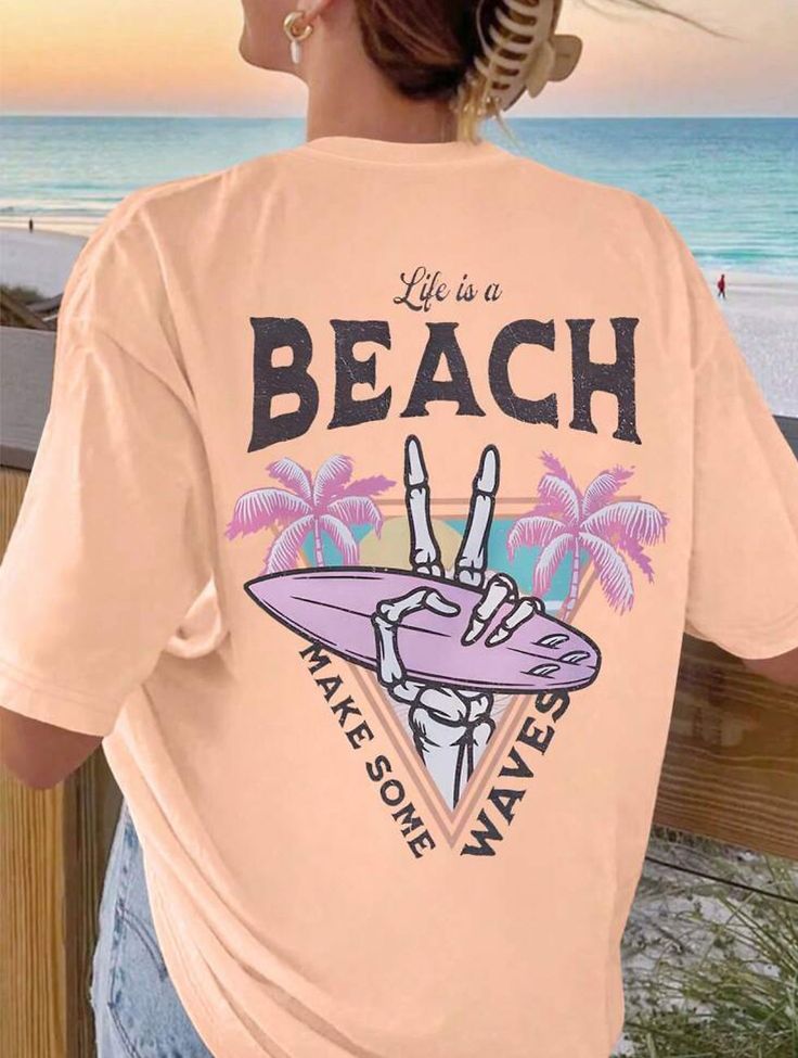 Beachy Funny Print Summer T-shirt, Beachy Summer T-shirt With Funny Print, Summer Cotton T-shirt For Surfing, Casual Short Sleeve T-shirt For Beach Season, Summer Cotton T-shirt For Beach Party, Relaxed Fit Summer T-shirt For Beach Party, Screen Print T-shirt For Beach Vacation, Trendy Pink T-shirt For The Beach, Pink Short Sleeve T-shirt For The Beach