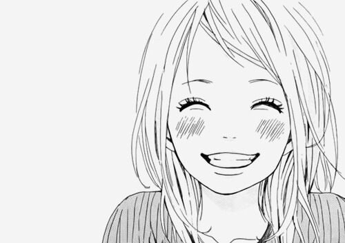 a drawing of a girl with long blonde hair smiling at the camera, black and white