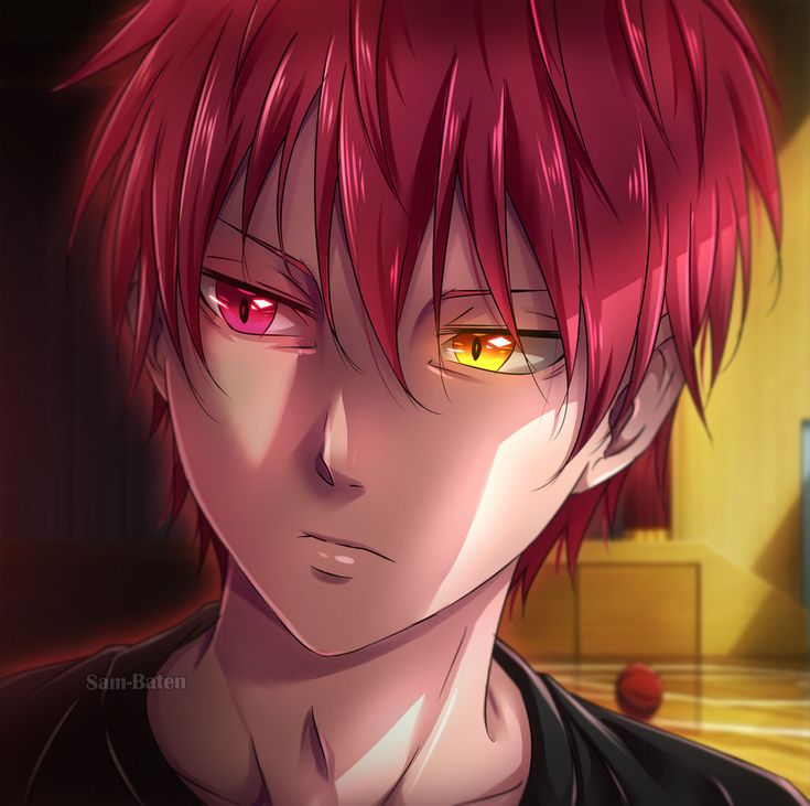 an anime character with red hair and yellow eyes