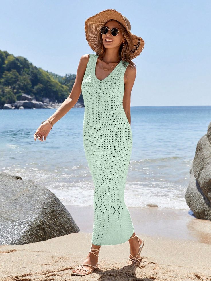 Enhance your summer vacation with our Mint Green Sleeveless Sweater Dress. Made with high-quality materials, it offers both style and comfort. The sleeveless design and breezy fabric make it ideal for warm weather, while the mint green color adds a touch of freshness. Perfect for any vacation destination! Color : Mint Green Style : Casual Pattern Type : Plain Details : Backless, Cut Out, Fringe Neckline : V neck Sleeve Length : Sleeveless Waist Line : High Waist Hem Shaped : Flared, Straight, Sl V-neck Sleeveless Dress For Summer Beachwear, Summer Sleeveless Beach Dress, Sleeveless Sundress For Summer Vacation, Sleeveless Beachy Beach Dress For Summer, Beachy Sleeveless Dress For Beach Cover-up, Casual Sleeveless Beach Dress Cover-up, Sleeveless Sundress For Beach In Summer, Sleeveless Beach Sundress For Summer, Summer Beach Sleeveless Sundress