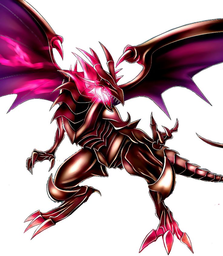 a red and black dragon with purple wings on it's back legs, flying through the air