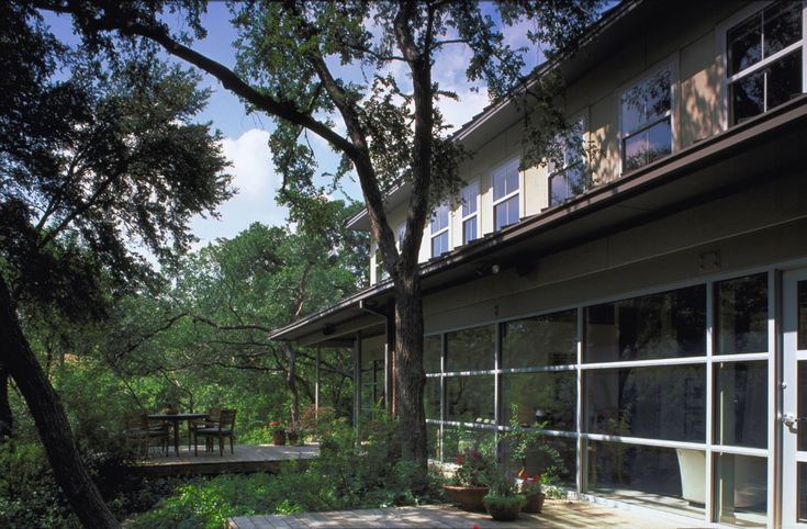 an outside view of a house with trees and plants