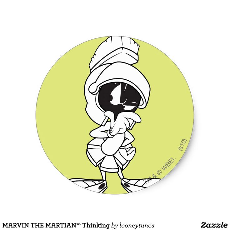 marvin the martian sticker on a yellow circle with black and white lettering that reads marvin the martian thinking by loonytimes