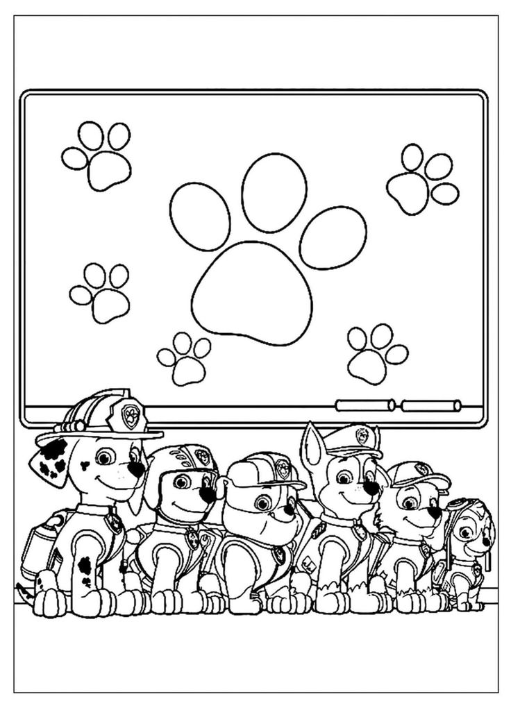 paw patrol coloring pages for kids with paw patrol and puppies in front of a blackboard