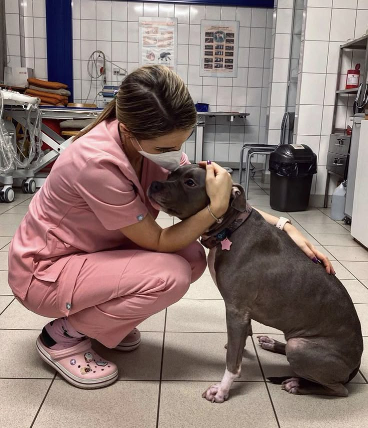 a woman in pink scrubs petting a dog on the nose while sitting down